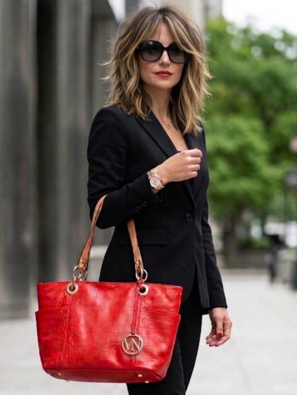 VN Genuine Leather Red Croc-Embossed East West PocketTote Bag with Tan Straps
